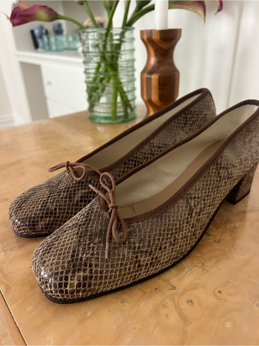 Women's Brown Snake-Print Low Block Heel Pumps